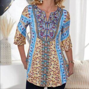 Soft Surroundings Fifi Embroidered Floral Tunic Top Women's XL Boho Bell Sleeve‎